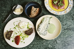 TUNA CARPACCIO, GLAZED SICILIAN AUBERGINE, PAN-FRIED WILD BROCCOLI WITH BASIL HOLLANDAISE SAUCE
